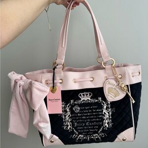 Juicy Couture Pink and Black Quilted Tote with Bow & Logo Charm